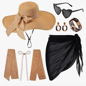 NIB-10 Pcs Women's Straw Sun Hat Set with Swimsuit Cover Up, Sunnies and More!